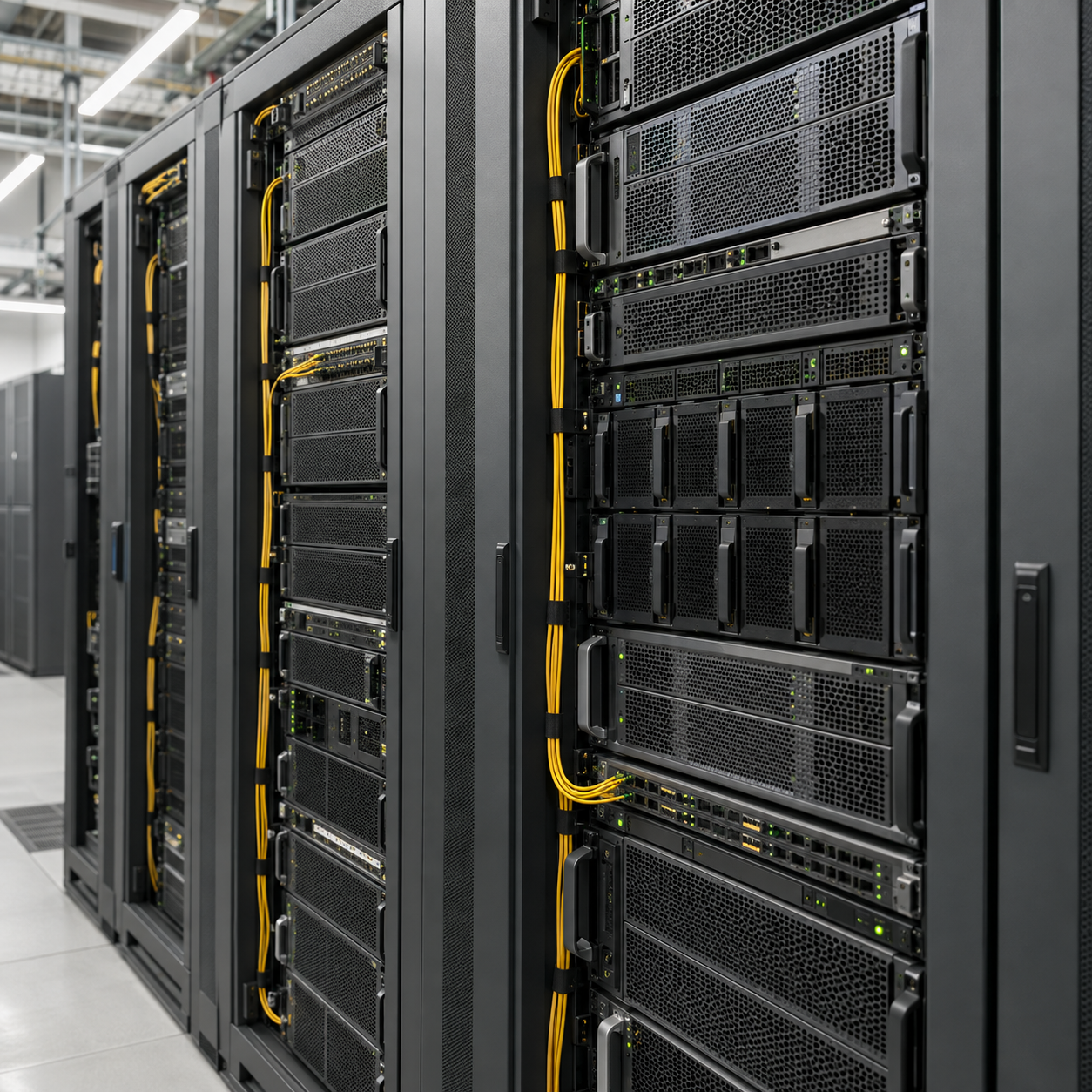 AI-generated image of graphite server racks with neatly routed yellow cables